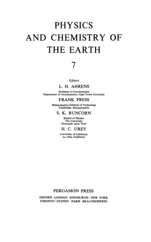 Physics and Chemistry of the Earth. Progress Series, Volume 7
