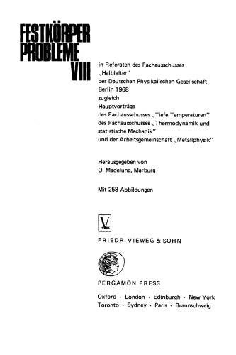 Festkörper Probleme VIII. Advances in Solid State Physics