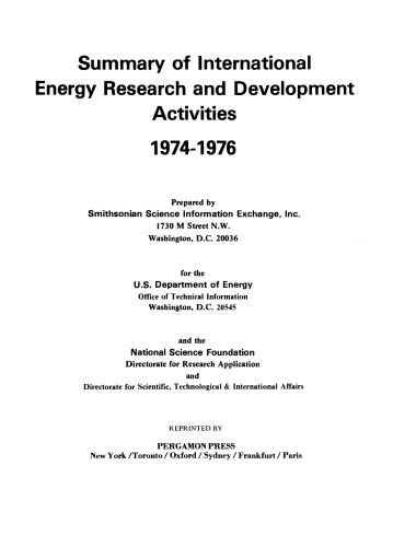 Summary of International Energy Research and Development Activities 1974–1976