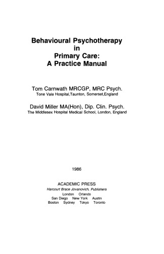 Behavioural Psychotherapy in Primary Care. A Practice Manual