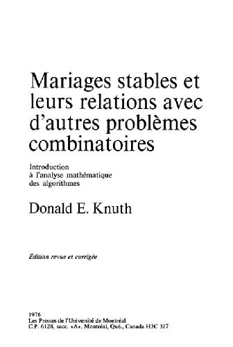 Mariages stables et leurs relations avec d'autres problèmes combinatoires: introduction à l'analyse mathématique des algorithmes
