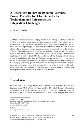 A Literature Review in Dynamic Wireless Power Transfer for Electric Vehicles: Technology and Infrastructure Integration Challenges