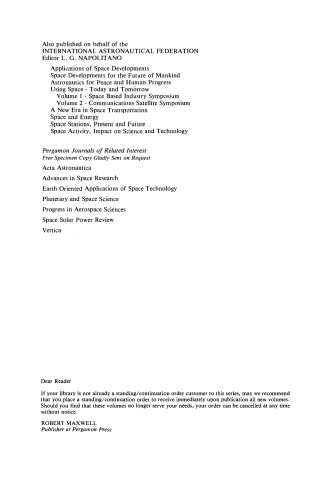 Space Mankind's Fourth Environment. Selected Papers from the XXXII International Astronautical Congress, Rome, 6–12 September 1981