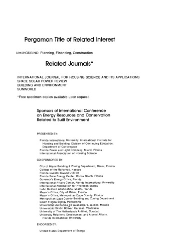 Energy Resources and Conservation Related to Built Environment. Proceedings of the International Conference on Energy Resources and Conservation Related to Built Environment, December 7–12, 1980, Miami Beach, Florida