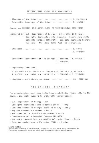 Physics of Plasmas Close to Thermonuclear Conditions. Proceedings of the Course Held in Varenna, Italy, 27 August–8 September 1979