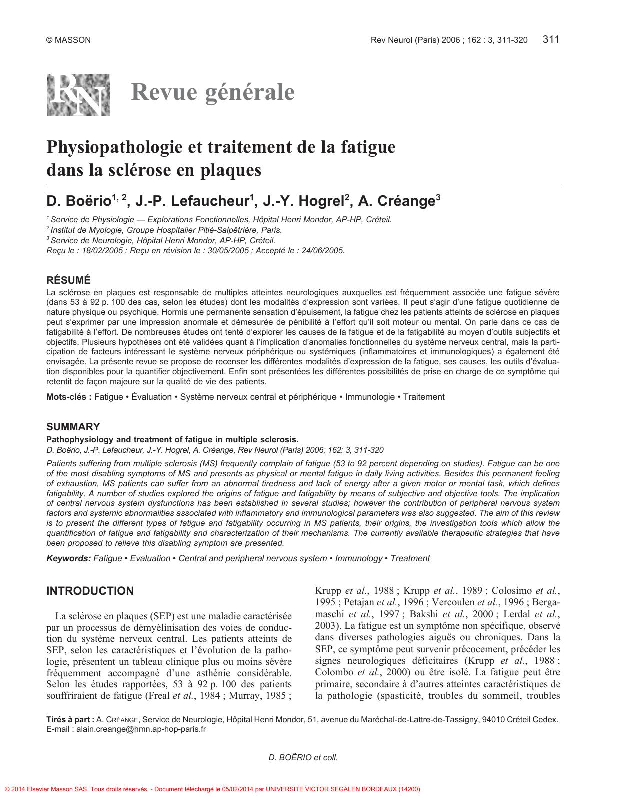 Physiopathologie et traitement de la fatigue dans la sclérose en plaques