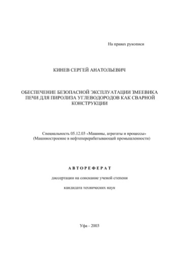 Кинев С.А. Обеспечение безопасной эксплуатации змеевика печи для пиролиза углеводородов как сварной конструкции