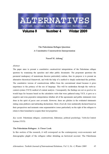The Palestinian Refugee Question: A Constitutive Constructivist Interpretation
