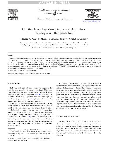 Adaptive Fuzzy Logic Based Framework For Softwarevelopment Effort Prediction