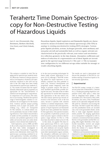 [Article] Terahertz Time Domain Spectroscopy for Non-Destructive Testing of Hazardous Liquids
