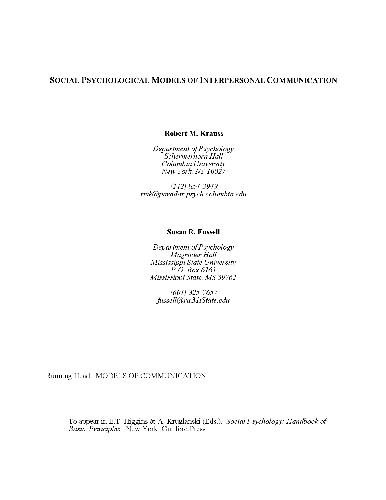 Social Psychological Models of Interpersonal Communication