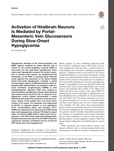 [Article] Activation of Hindbrain Neurons Is Mediated by Portal- Mesenteric Vein Glucosensors During Slow-Onset Hypoglycemia