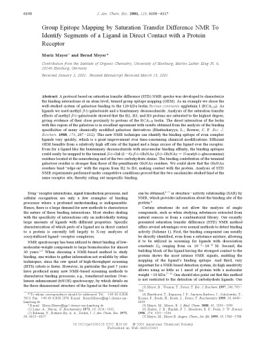 [Article] Group Epitope Mapping by Saturation Transfer Difference NMR To Identify Segments of a Ligand in Direct Contact with a Protein Receptor