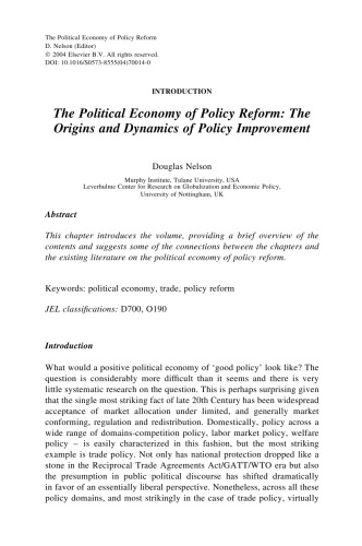 The Political Economy of Policy Reform: Essays in Honor of J.Michael Finger