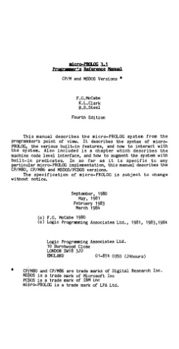 Micro-Prolog 3.1 programmer's reference manual