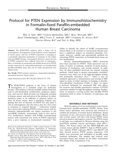 [Article] Protocol for PTEN Expression by Immunohistochemistry in Formalin-fixed Paraffin-embedded Human Breast Carcinoma