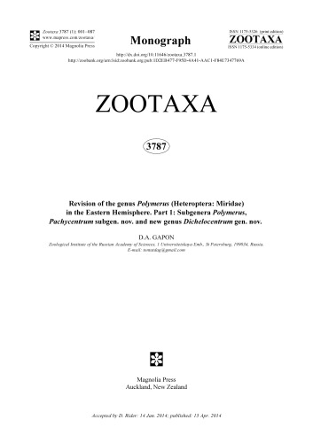 Revision of the genus Polymerus (Heteroptera: Miridae) in the Eastern Hemisphere. Part 1: Subgenera Polymerus, Pachycentrum subgen. nov. and new genus Dichelocentrum gen. nov.