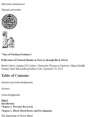 «Sons of Northern Darkness». Reflections of National Identity in Norway through Black Metal