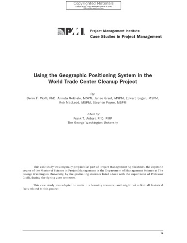 Case Studies in Project Management - Using the Geographic Positioning System in the World Trade Center Cleanup Project
