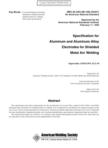 Specification for Aluminum and Aluminum-Alloy Electrodes for Shielded Metal Arc Welding
