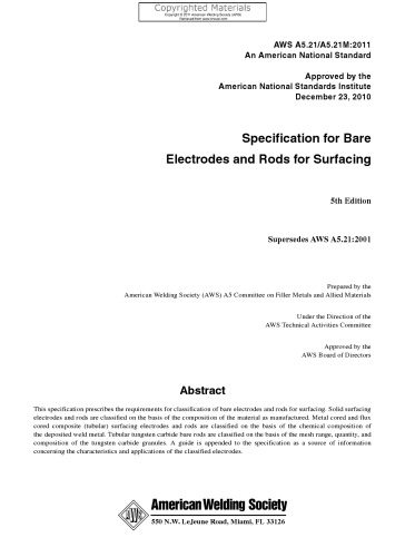 Specification for Bare Electrodes and Rods for Surfacing