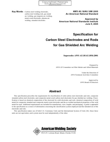Specification for Carbon Steel Electrodes and Rods for Gas Shielded Arc Welding