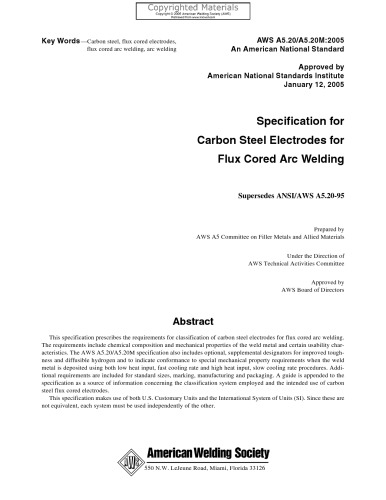 Specification for Carbon Steel Electrodes for Flux Cored Arc Welding