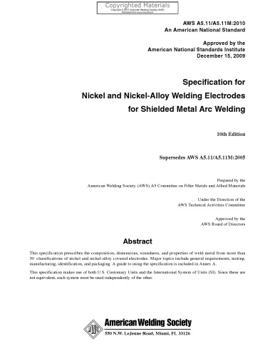 Specification for Nickel and Nickel-Alloy Welding Electrodes for Shielded Metal Arc Welding