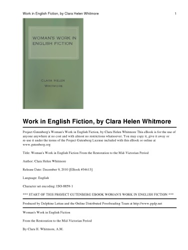 Woman's Work in English Fiction From the Restoration to the Mid-Victorian Period