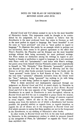 Note on the Plan of Nietzsche's "Beyond Good and Evil"