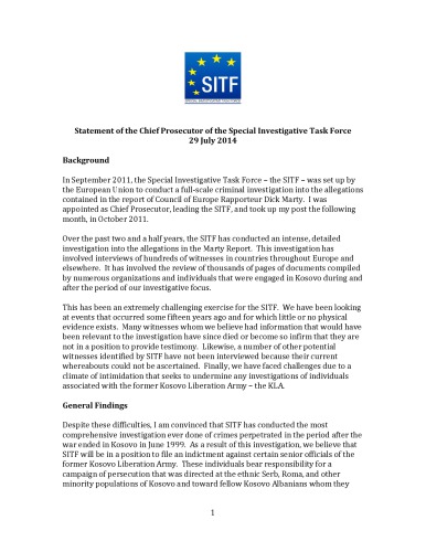 Statement of the Chief Prosecutor of the SITF - July 29th, 2014