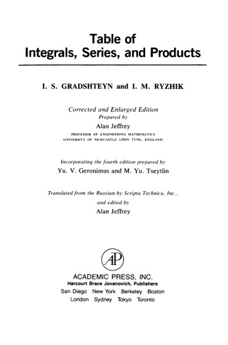 Table of Integrals, Series, and Products