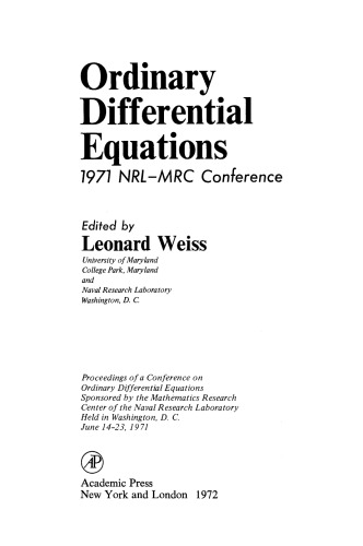 Ordinary Differential Equations. 1971 NRL–MRC Conference
