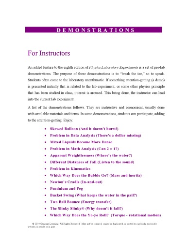 Instructor's Manual to Physics Laboratory Experiments
