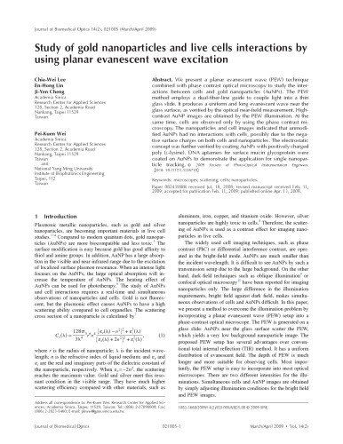 [Article] Study of gold nanoparticles and live cells interactions by using planar evanescent wave excitation