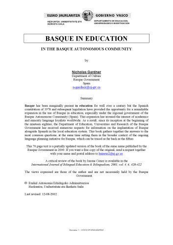Basque in Education: In the Basque Autonomous Community