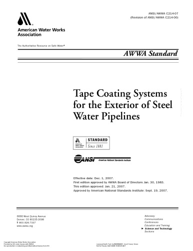 Tape Coating Systems  for the Exterior of Steel  Water Pipelines