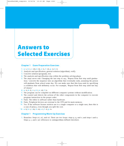 Answers to Selected Exercises for Programming and Problem Solving With C++