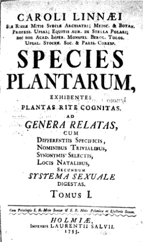 Species plantarum: exhibentes plantas rite cognitas ad genera relatas. Tomus I. 574 p. Holmiae: L. Salvii. 1753