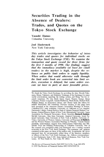 Securities Trading In The Absence Of Dealers - Trades, And Quotes On The Tokyo Stock Exchange