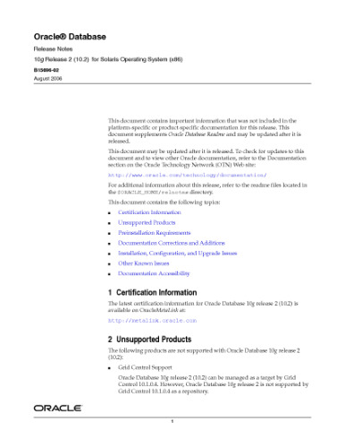 Oracle Database Release Notes 10g Release 2 (10.2) for Solaris Operating System (x86) B15696-02