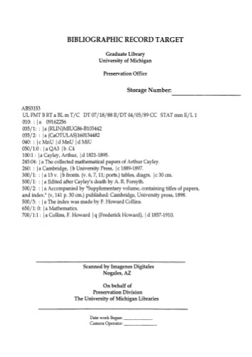 The collected mathematical papers of Arthur Cayley