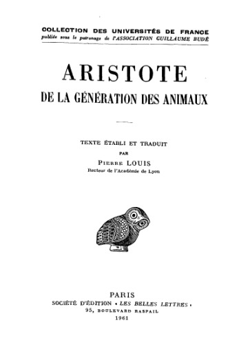 Aristote. De la génération des animaux