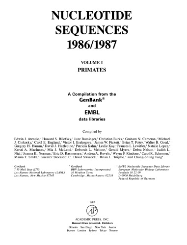 Nucleotide Sequences 1986/1987: Vol. 1 : Primates a compilation from the GenBank and EMBL data libraries