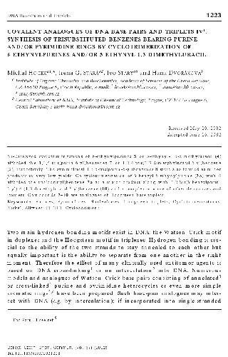 Covalent analogues of DNA base-pairs and triplets IV+. Synthesis of trisubstituted benzenes bearing purine and[s]or pyrimidine rings by cyclotrimerization of 6-ethynylpurines and[s]or 5-ethynyl-1,3-dimethyluracil