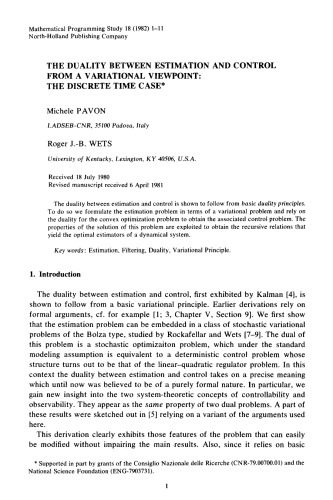 Algorithms and Theory in Filtering and Control: Proceedings of the Workshop on Numberical Problems, Part 1
