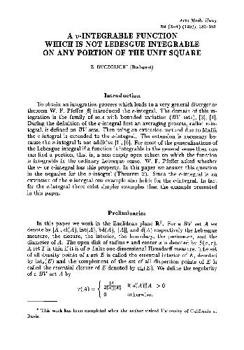 A v-integrable function which is not lebesgue integrable on any portion of the unit square