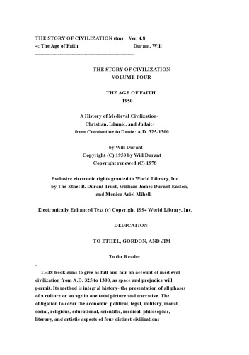 The age of faith : a history of Medieval civilization, Christian, Islamic and Judaic, from Constantine to Dante, A.D. 325-1300