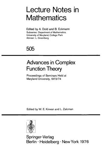 Advances in Complex Function Theory