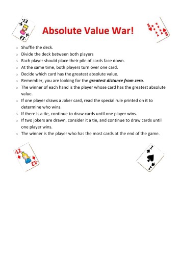 Absolute Value War--Printable Integer Cards! Compare absolute values